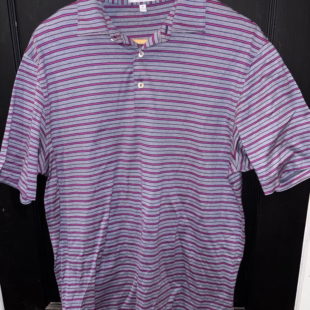 Peter Millar Men's Short Sleeve Polo Shirt Golf Gray Hot Pink Striped Size Med